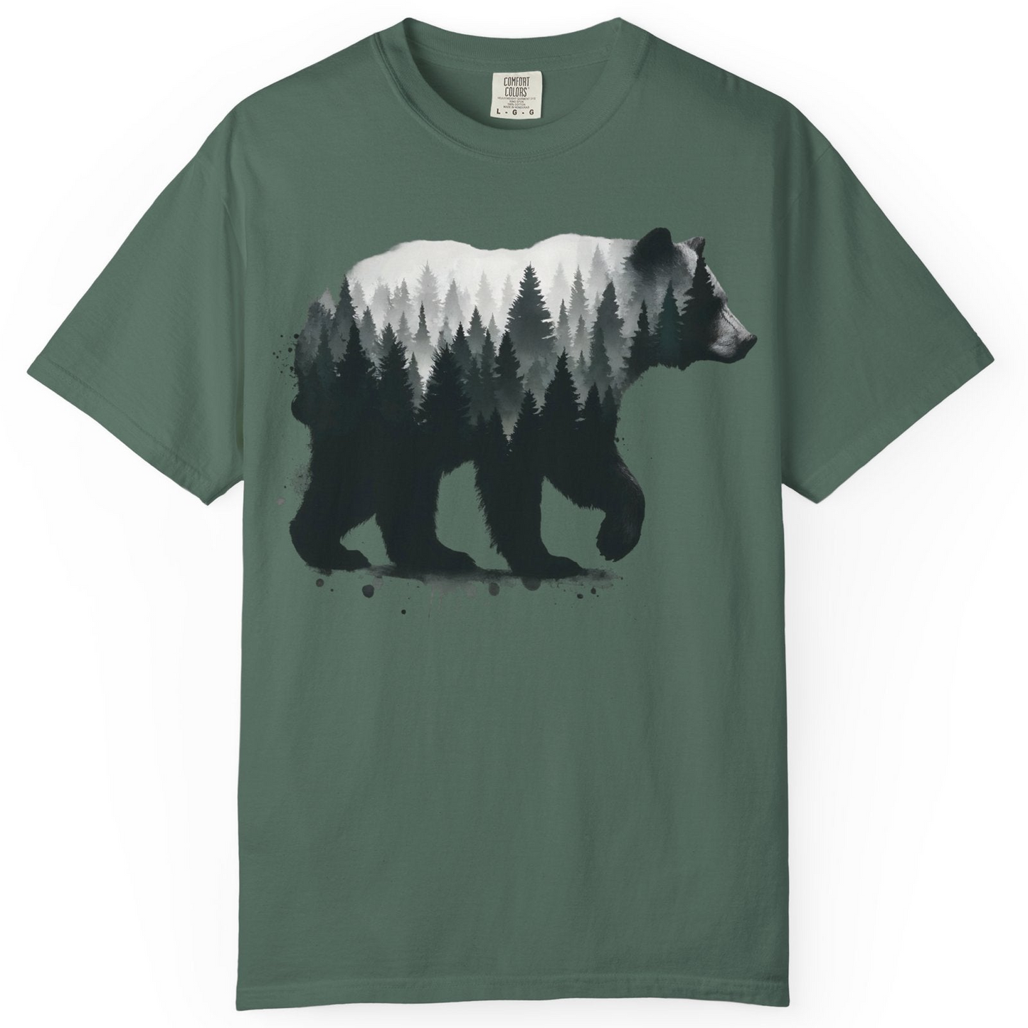 Bear Silhouette Forest Double Exposure Shirt Comfort Colors T-Shirt – Blue Spruce – Alaska Cruise Shirts