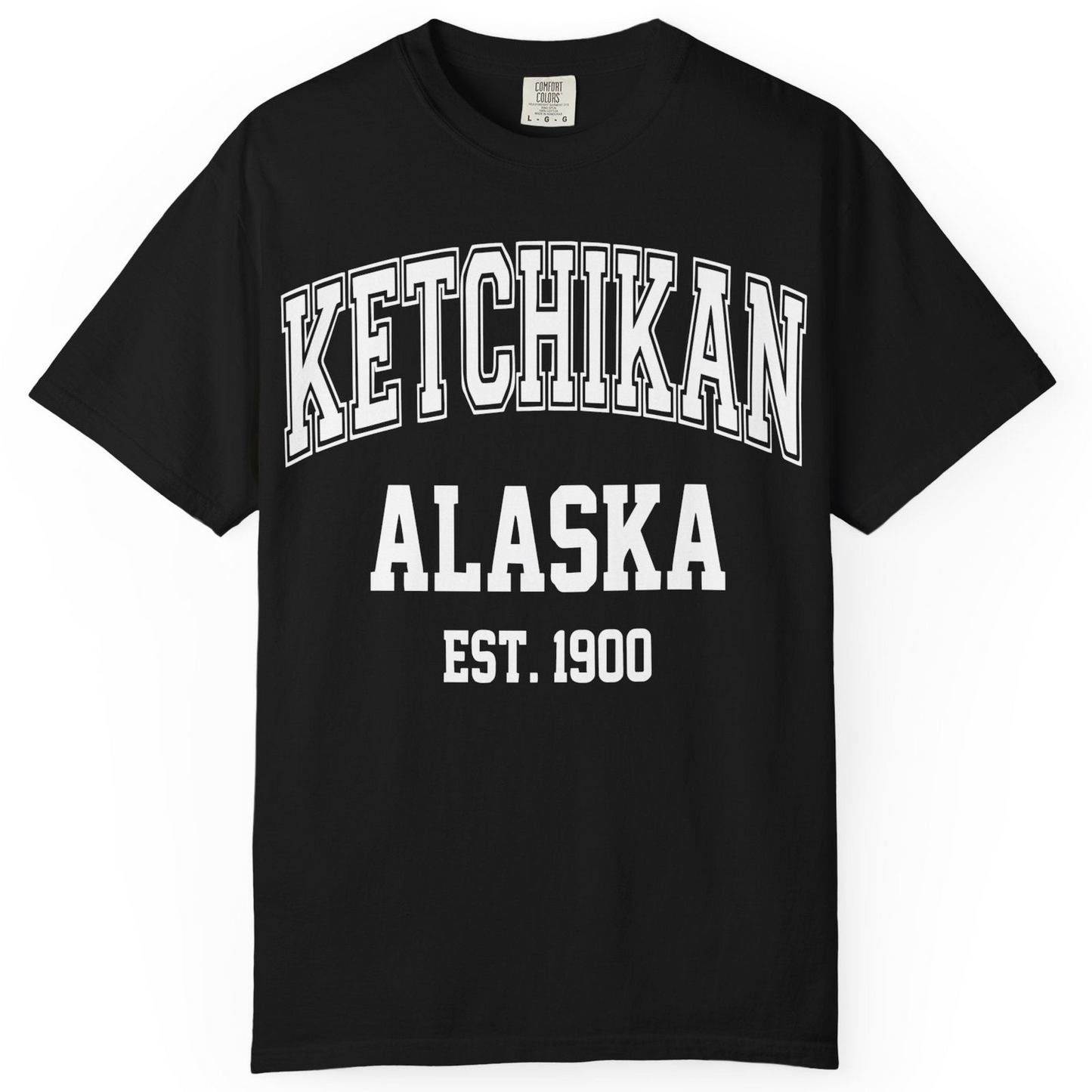 Ketchikan Alaska Collegiate Style Est 1900 Vintage Tee Shirt — Comfort Comfort Colors T-Shirt – Black – Alaska Cruise Shirts