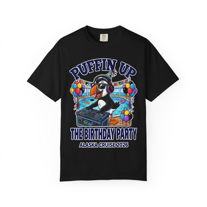 Funny Puffin DJ Birthday Party Alaska Cruise 2026 Shirt — Comfort Comfort Colors T-Shirt – Black – Alaska Cruise Shirts