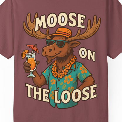 Moose On The Loose Funny Tropical Cartoon Vacation Shirt — Comfort Comfort Colors T-Shirt – Brick – Alaska Cruise Shirts Close Up