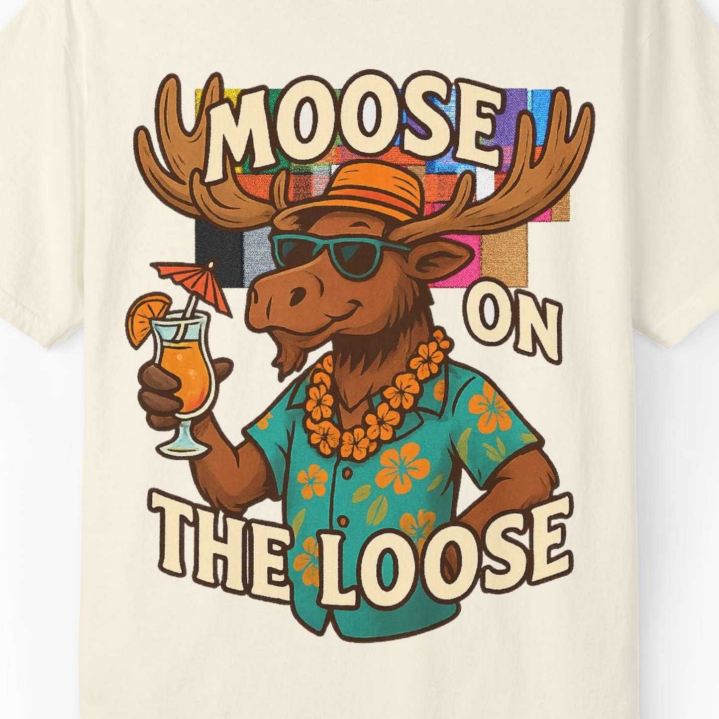 Moose On The Loose Funny Tropical Cartoon Vacation Shirt — Comfort Comfort Colors T-Shirt – Ivory – Alaska Cruise Shirts Close Up