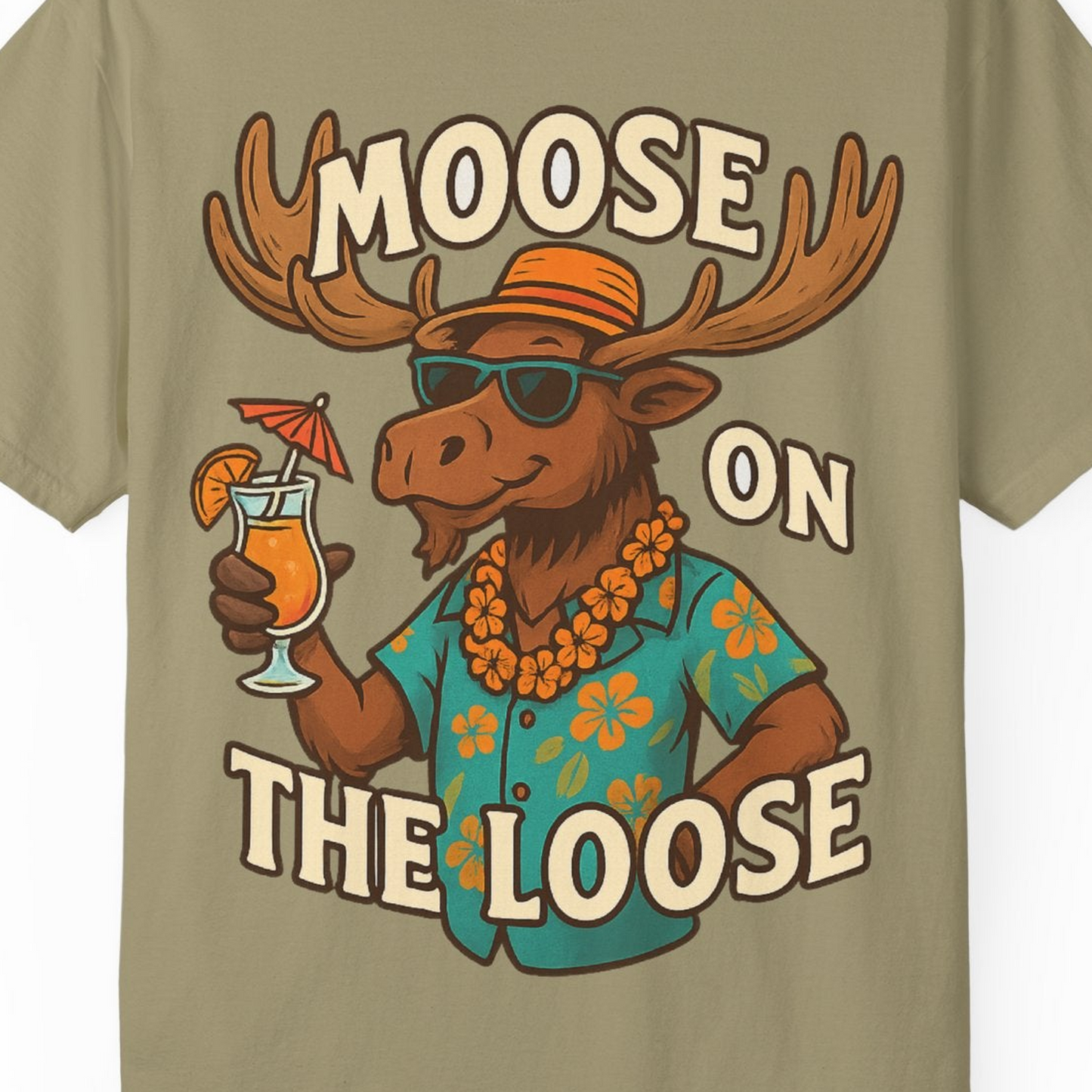 Moose On The Loose Funny Tropical Cartoon Vacation Shirt — Comfort Comfort Colors T-Shirt – Khaki – Alaska Cruise Shirts Close Up