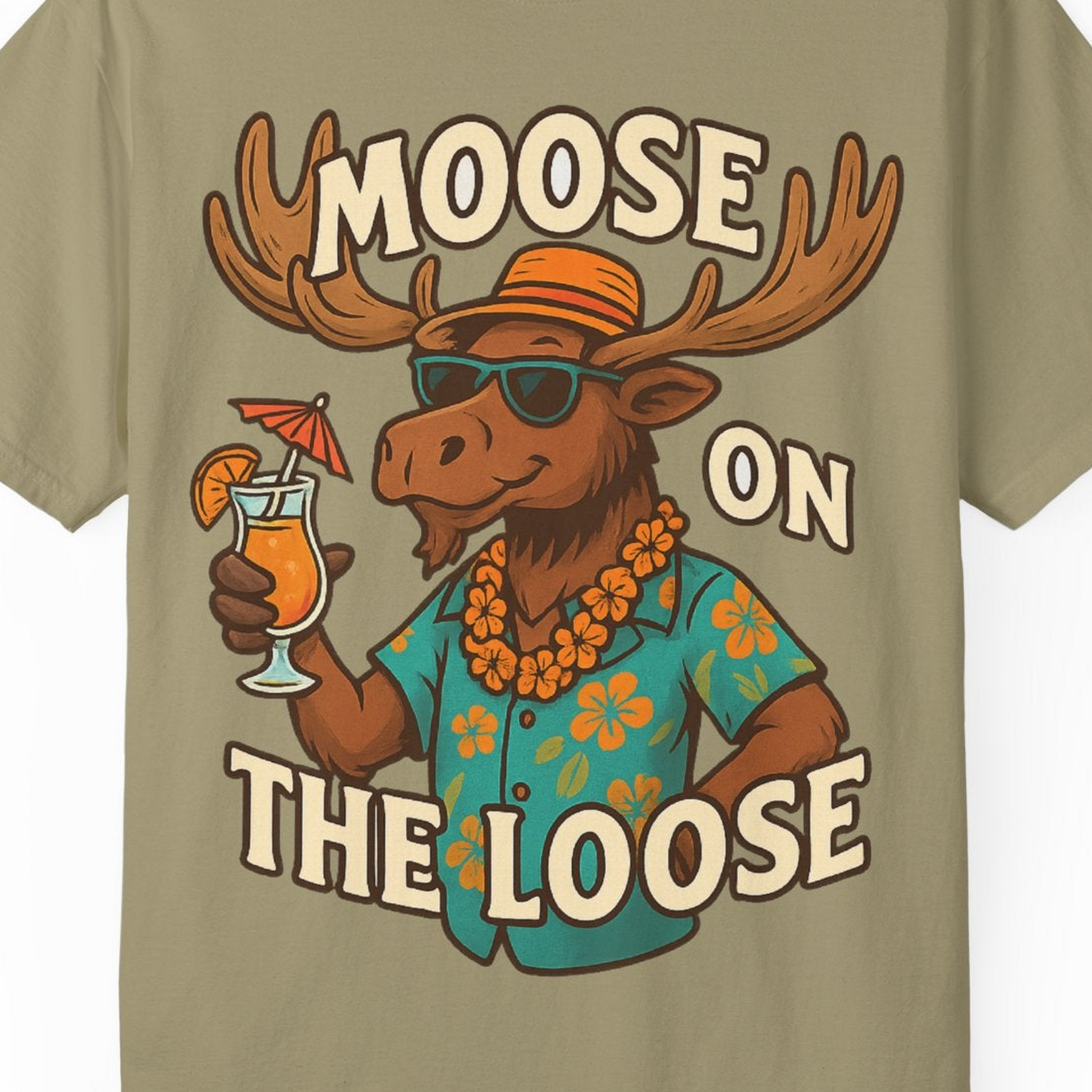 Moose On The Loose Funny Tropical Cartoon Vacation Shirt — Comfort Comfort Colors T-Shirt – Khaki – Alaska Cruise Shirts Close Up