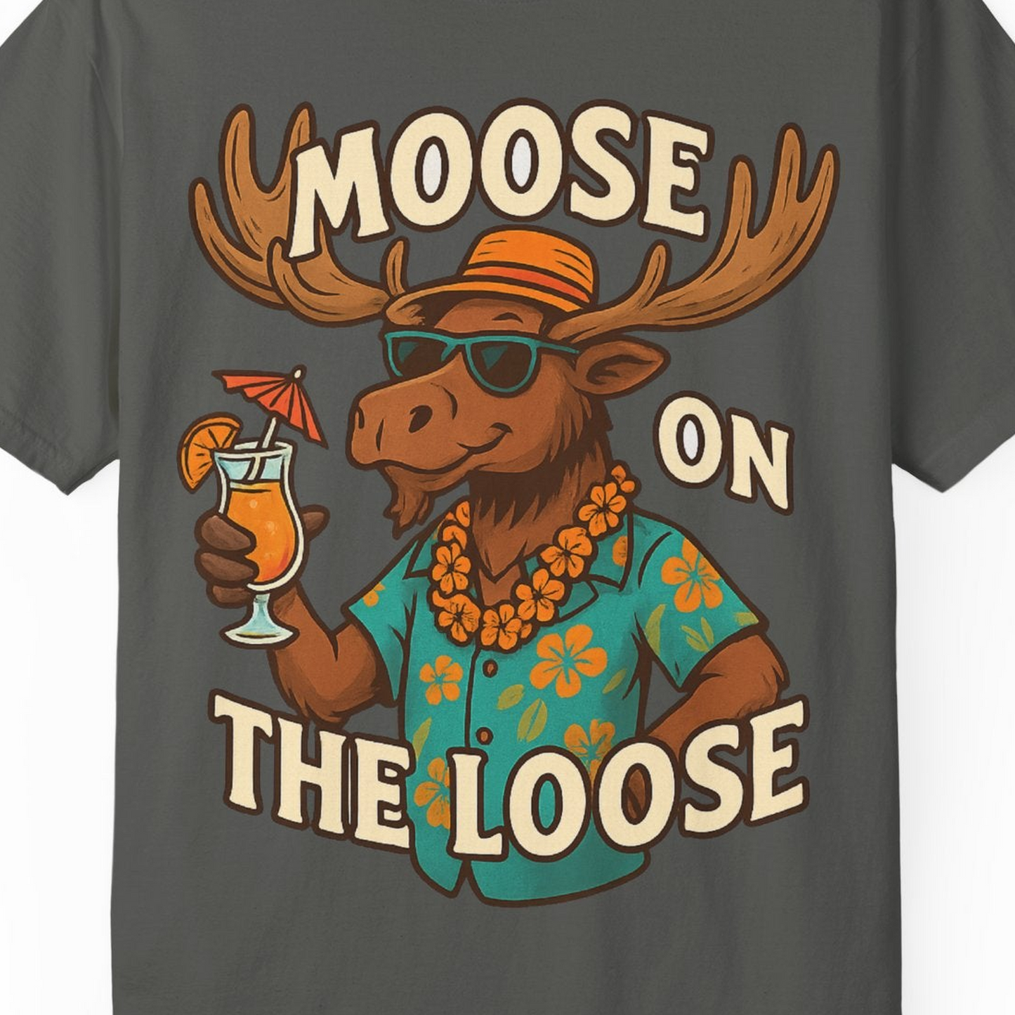 Moose On The Loose Funny Tropical Cartoon Vacation Shirt — Comfort Comfort Colors T-Shirt – Pepper – Alaska Cruise Shirts Close Up