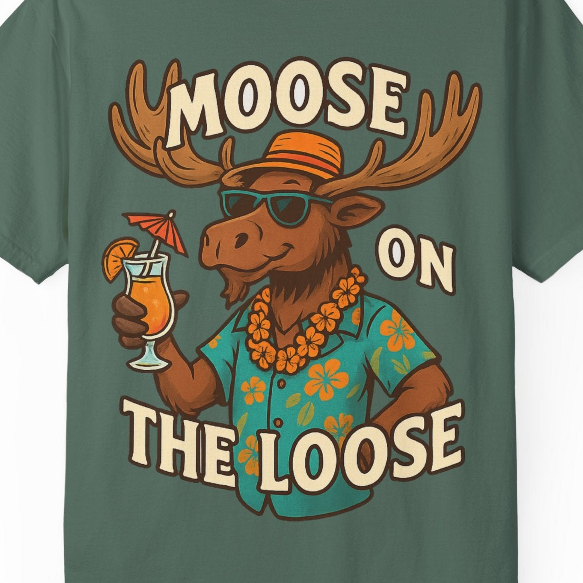 Moose On The Loose Funny Tropical Cartoon Vacation Shirt — Comfort Comfort Colors T-Shirt – Blue Spruce – Alaska Cruise Shirts Close Up