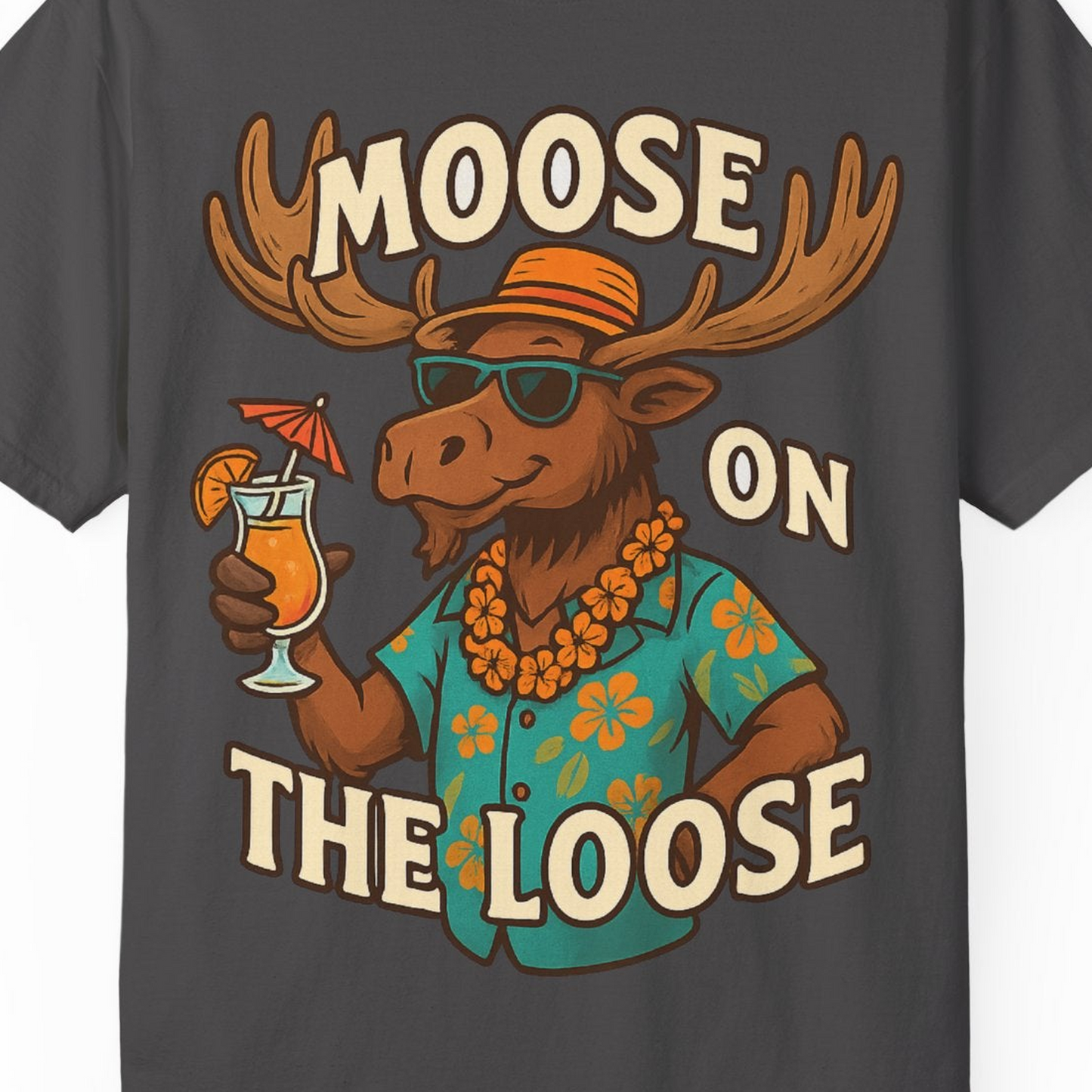 Moose On The Loose Funny Tropical Cartoon Vacation Shirt — Comfort Comfort Colors T-Shirt – Graphite – Alaska Cruise Shirts Close Up