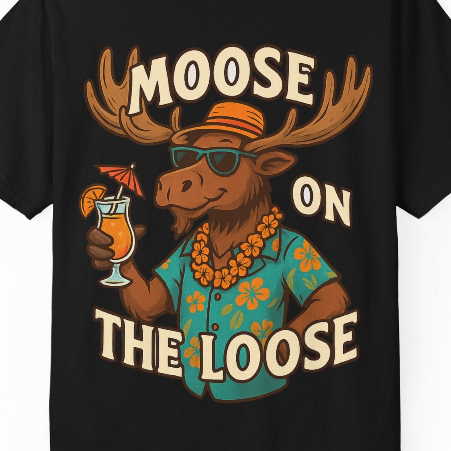 Moose On The Loose Funny Tropical Cartoon Vacation Shirt — Comfort Comfort Colors T-Shirt – Black – Alaska Cruise Shirts Close Up
