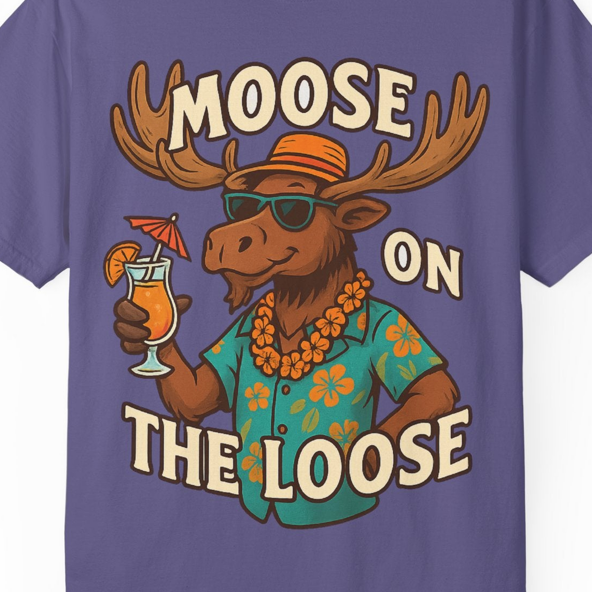 Moose On The Loose Funny Tropical Cartoon Vacation Shirt — Comfort Comfort Colors T-Shirt – Grape – Alaska Cruise Shirts Close Up