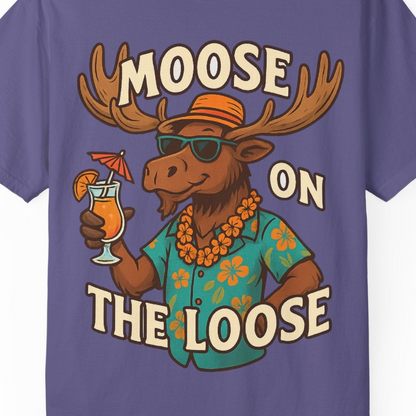 Moose On The Loose Funny Tropical Cartoon Vacation Shirt — Comfort Comfort Colors T-Shirt – Grape – Alaska Cruise Shirts Close Up