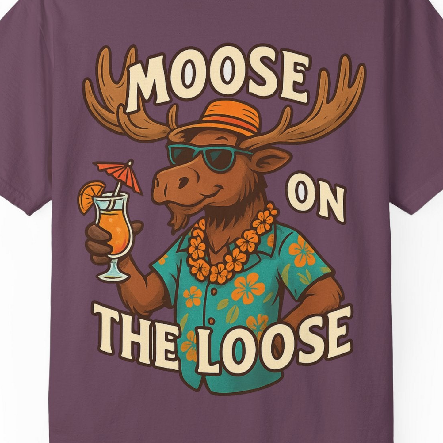 Moose On The Loose Funny Tropical Cartoon Vacation Shirt — Comfort Comfort Colors T-Shirt – Berry – Alaska Cruise Shirts Close Up