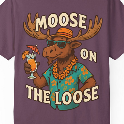 Moose On The Loose Funny Tropical Cartoon Vacation Shirt — Comfort Comfort Colors T-Shirt – Berry – Alaska Cruise Shirts Close Up