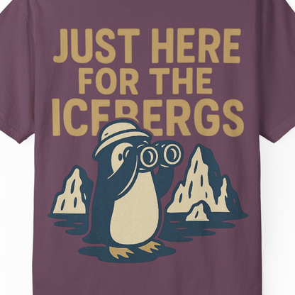 Just Here For The Icebergs Penguin Shirt Comfort Colors T-Shirt – Berry – Alaska Cruise Shirts Close Up