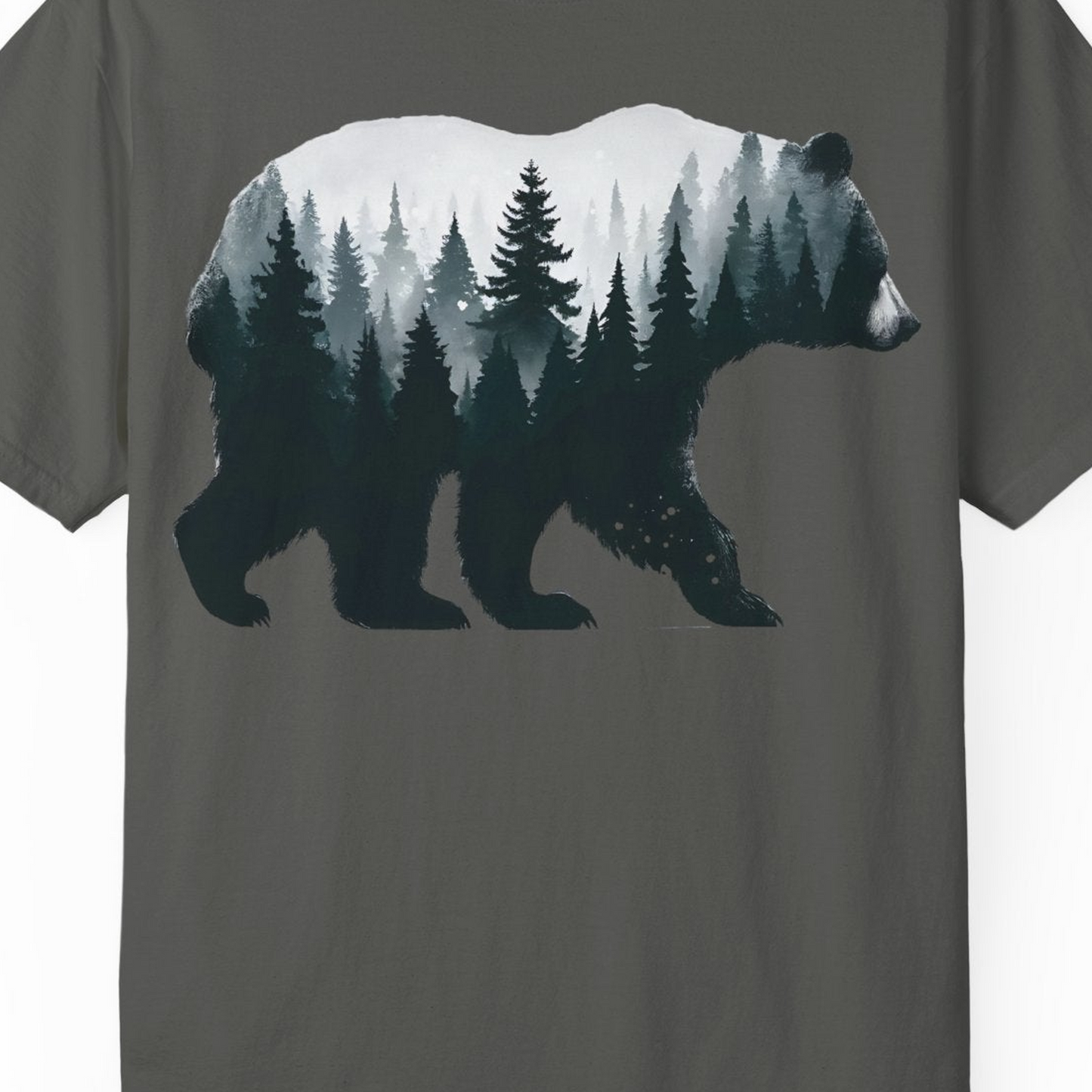 Double Exposure Bear Forest Silhouette Wilderness Shirt for Nature Lovers — Comfort Comfort Colors T-Shirt – Pepper – Alaska Cruise Shirts Close Up