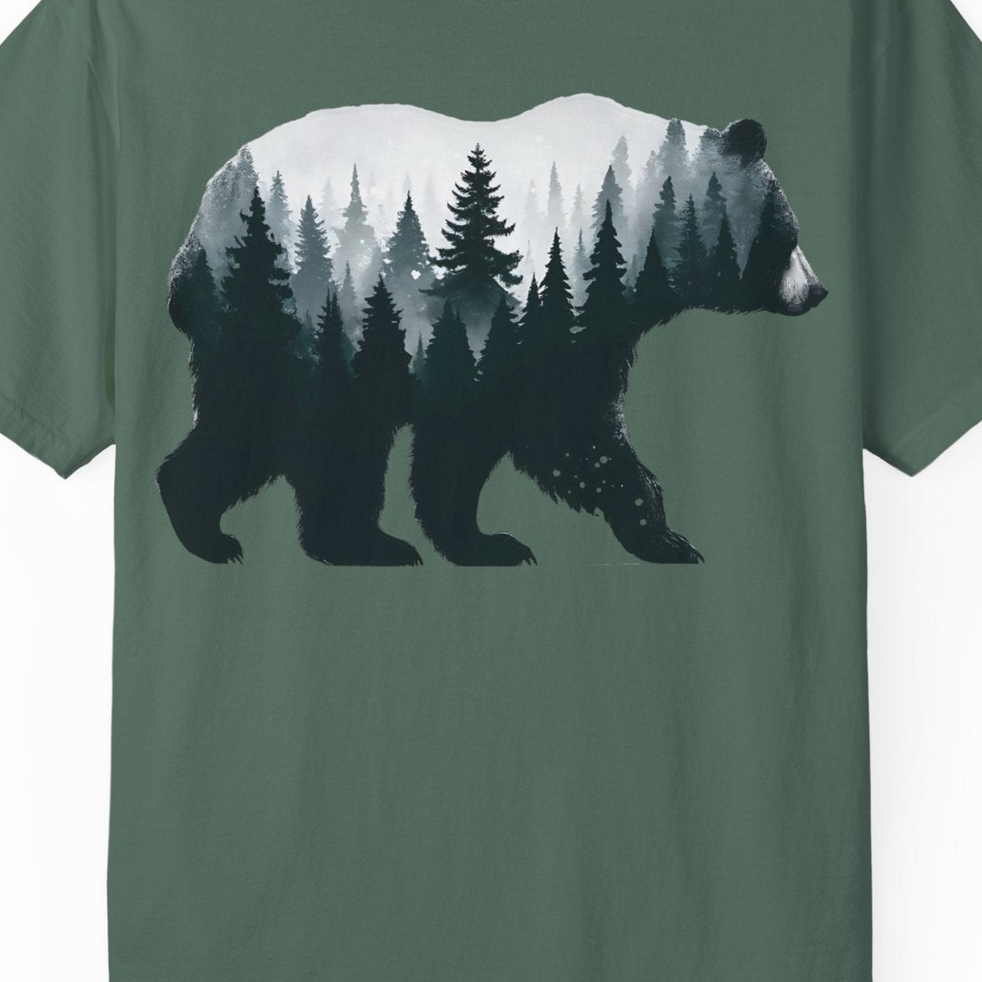 Double Exposure Bear Forest Silhouette Wilderness Shirt for Nature Lovers — Comfort Comfort Colors T-Shirt – Blue Spruce – Alaska Cruise Shirts Close Up