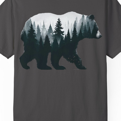 Double Exposure Bear Forest Silhouette Wilderness Shirt for Nature Lovers — Comfort Comfort Colors T-Shirt – Graphite – Alaska Cruise Shirts Close Up