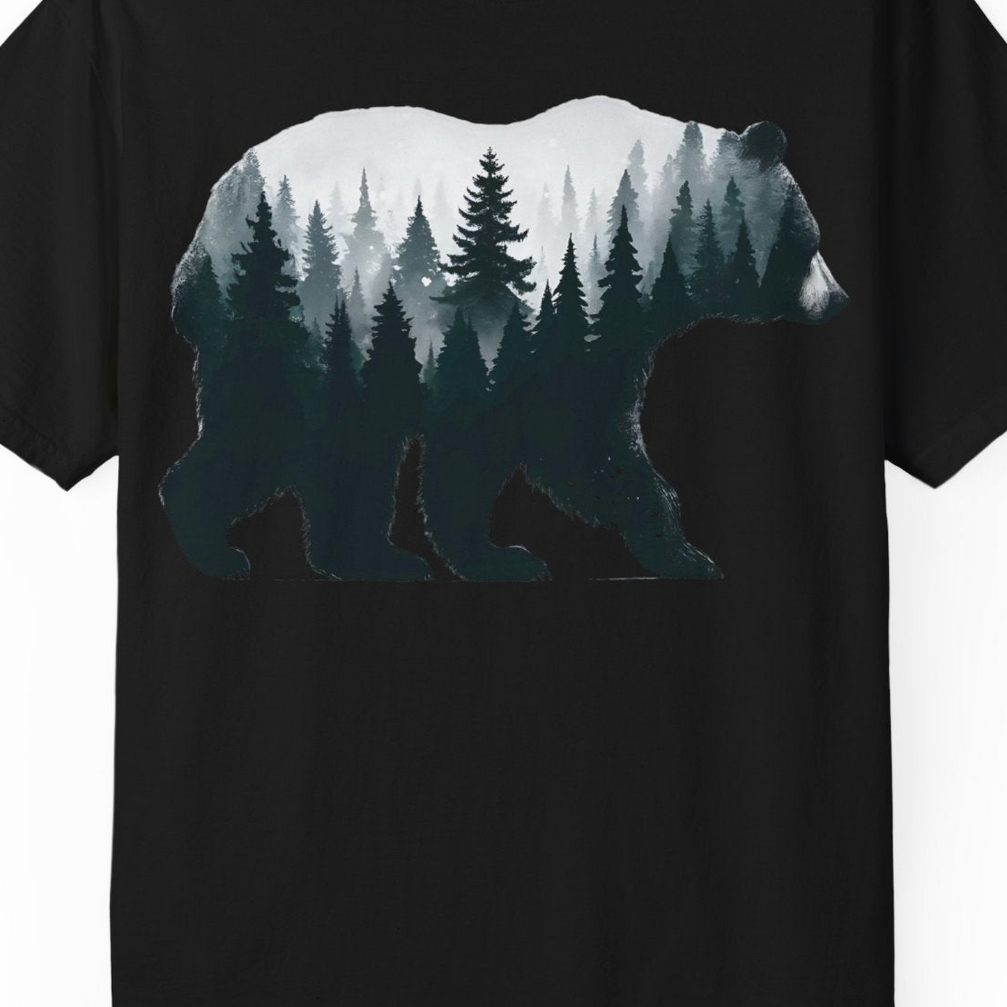 Double Exposure Bear Forest Silhouette Wilderness Shirt for Nature Lovers — Comfort Comfort Colors T-Shirt – Black – Alaska Cruise Shirts Close Up