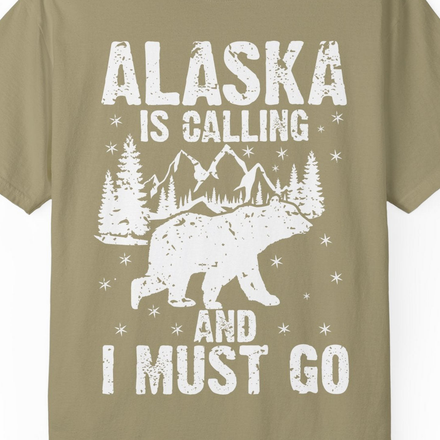 Alaska Is Calling Bear Mountain Wilderness Adventure Vintage Shirt — Comfort Comfort Colors T-Shirt – Khaki – Alaska Cruise Shirts Close Up