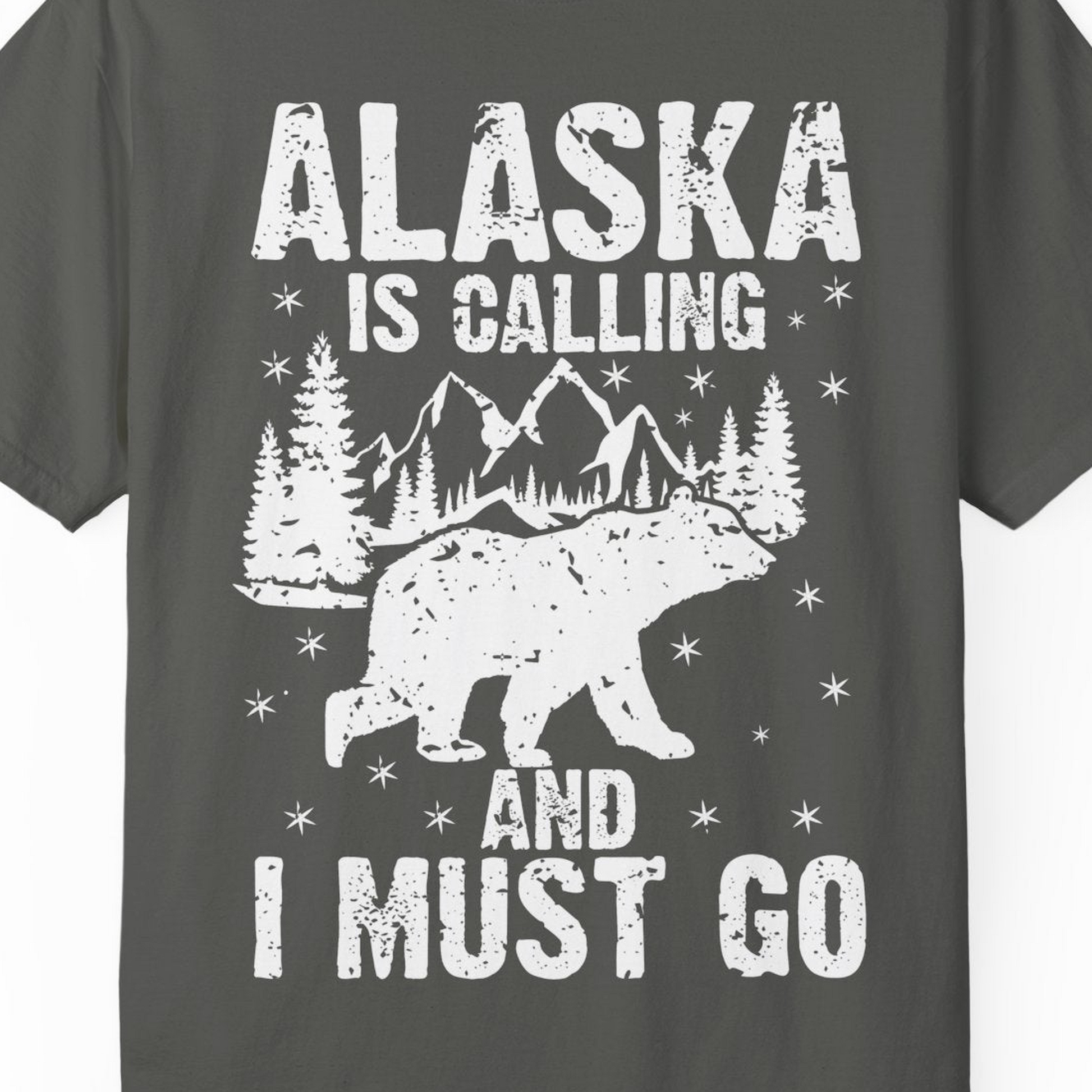 Alaska Is Calling Bear Mountain Wilderness Adventure Vintage Shirt — Comfort Comfort Colors T-Shirt – Pepper – Alaska Cruise Shirts Close Up