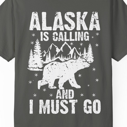 Alaska Is Calling Bear Mountain Wilderness Adventure Vintage Shirt — Comfort Comfort Colors T-Shirt – Pepper – Alaska Cruise Shirts Close Up