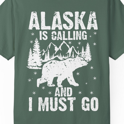 Alaska Is Calling Bear Mountain Wilderness Adventure Vintage Shirt — Comfort Comfort Colors T-Shirt – Blue Spruce – Alaska Cruise Shirts Close Up
