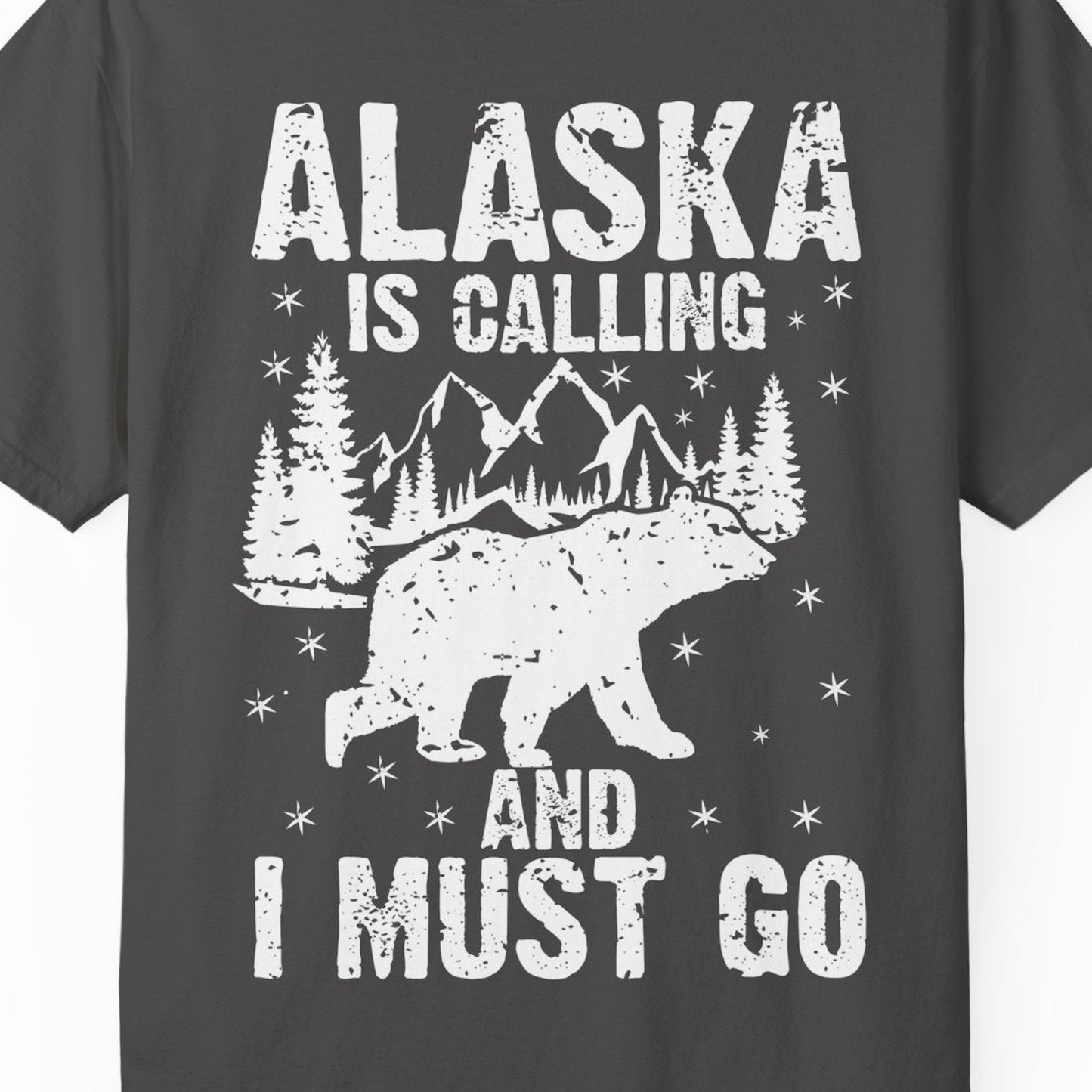 Alaska Is Calling Bear Mountain Wilderness Adventure Vintage Shirt — Comfort Comfort Colors T-Shirt – Graphite – Alaska Cruise Shirts Close Up