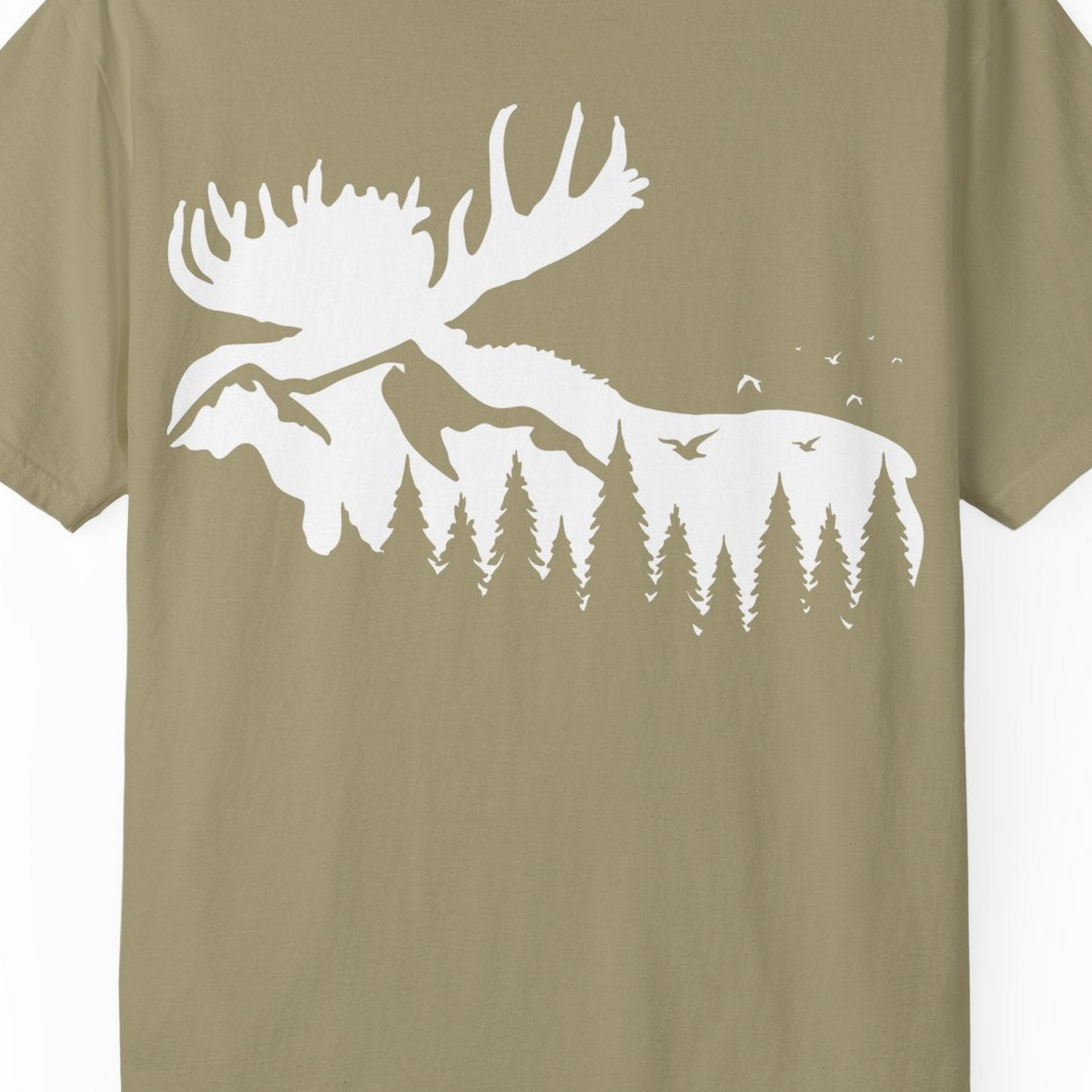 Moose Silhouette Forest Scene Shirt Comfort Colors T-Shirt – Khaki – Alaska Cruise Shirts Close Up