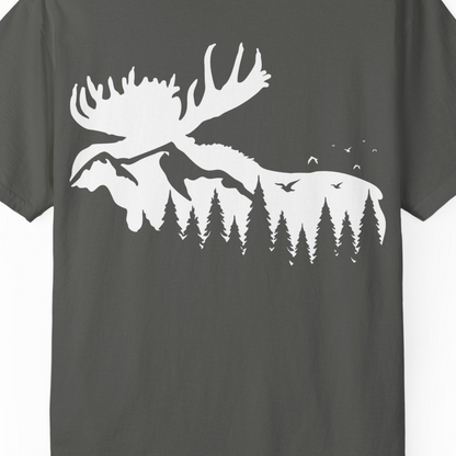 Moose Silhouette Forest Scene Shirt Comfort Colors T-Shirt – Pepper – Alaska Cruise Shirts Close Up