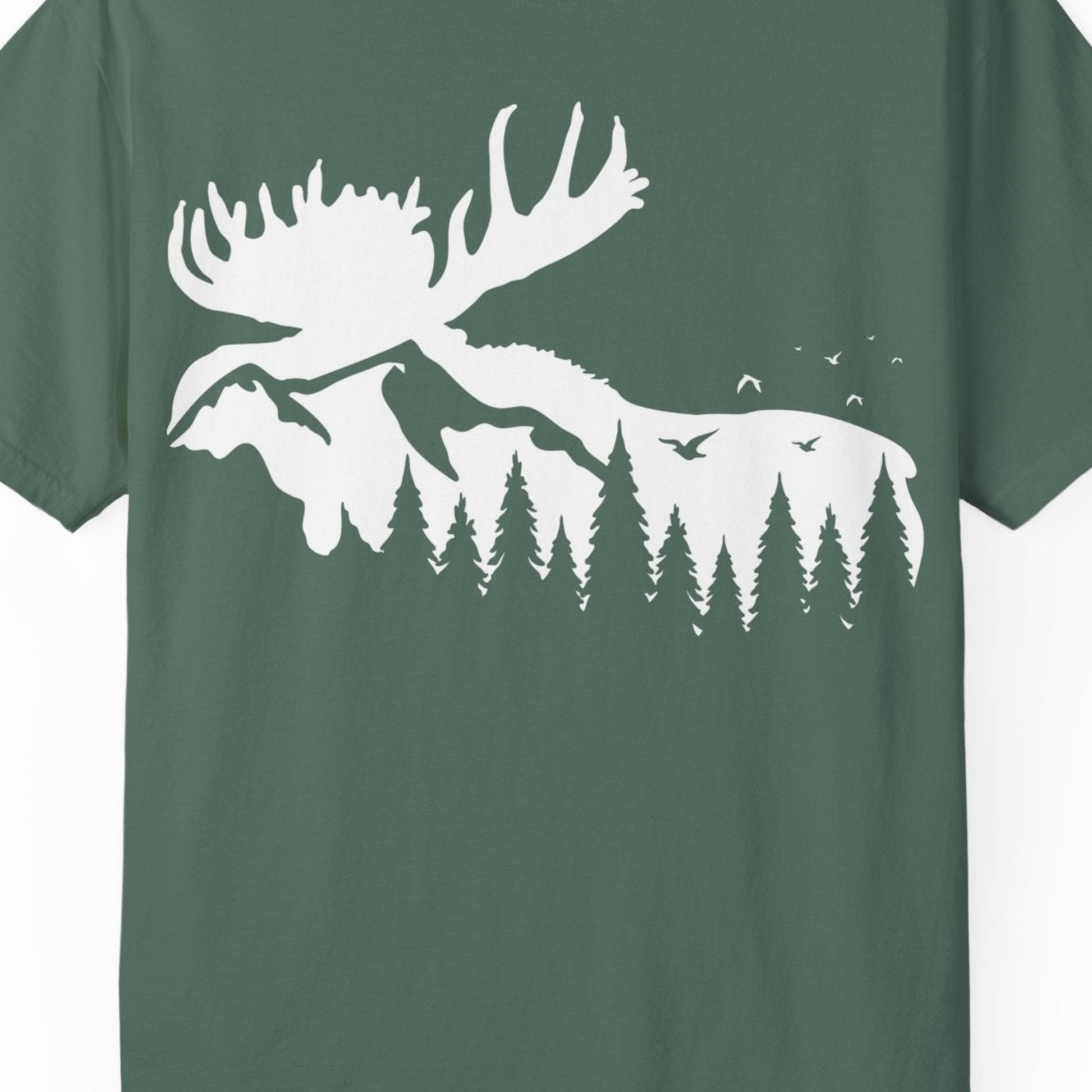 Moose Silhouette Forest Scene Shirt Comfort Colors T-Shirt – Blue Spruce – Alaska Cruise Shirts Close Up