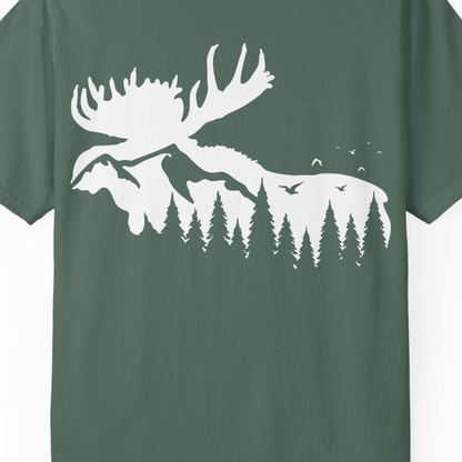 Moose Silhouette Forest Scene Shirt Comfort Colors T-Shirt – Blue Spruce – Alaska Cruise Shirts Close Up