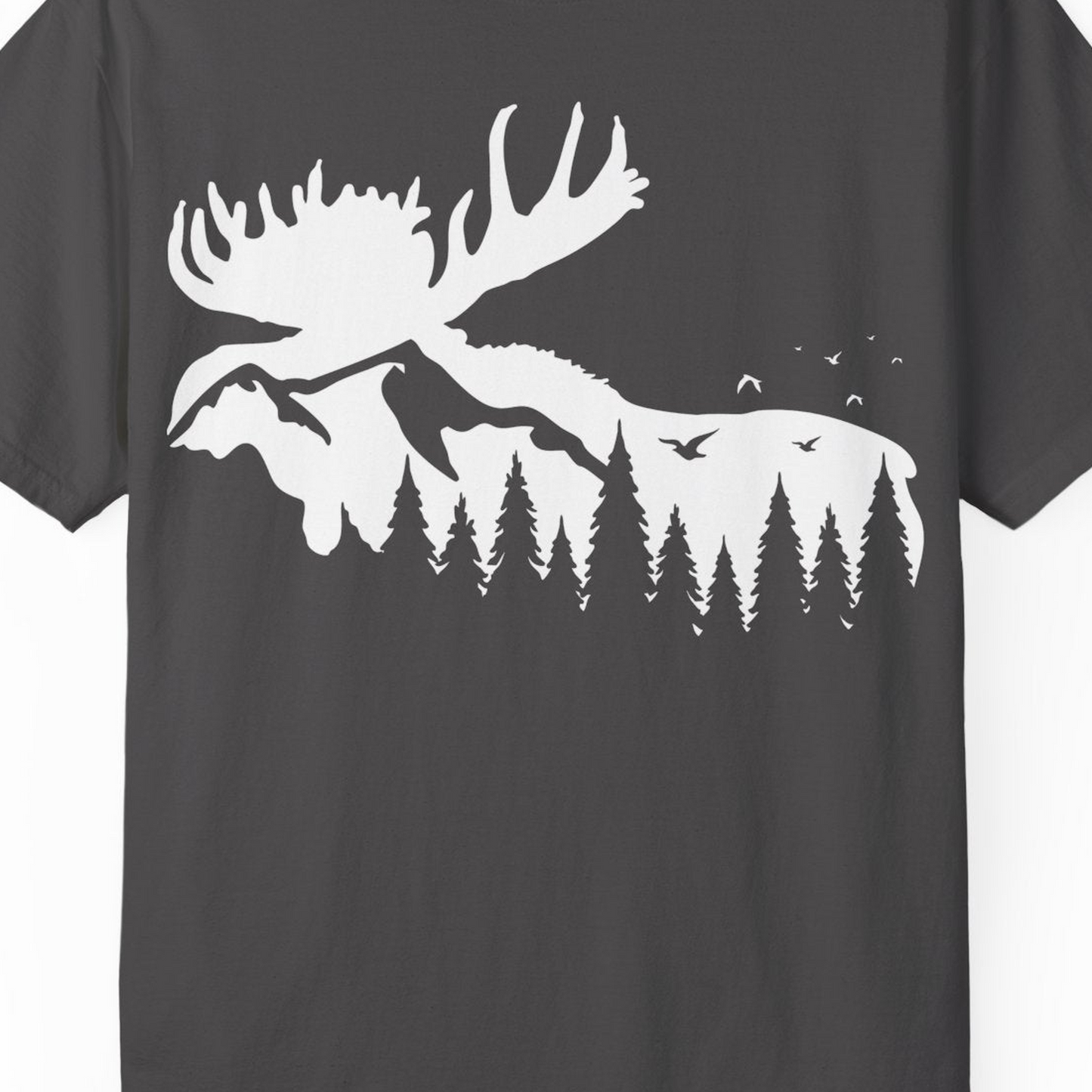 Moose Silhouette Forest Scene Shirt Comfort Colors T-Shirt – Graphite – Alaska Cruise Shirts Close Up