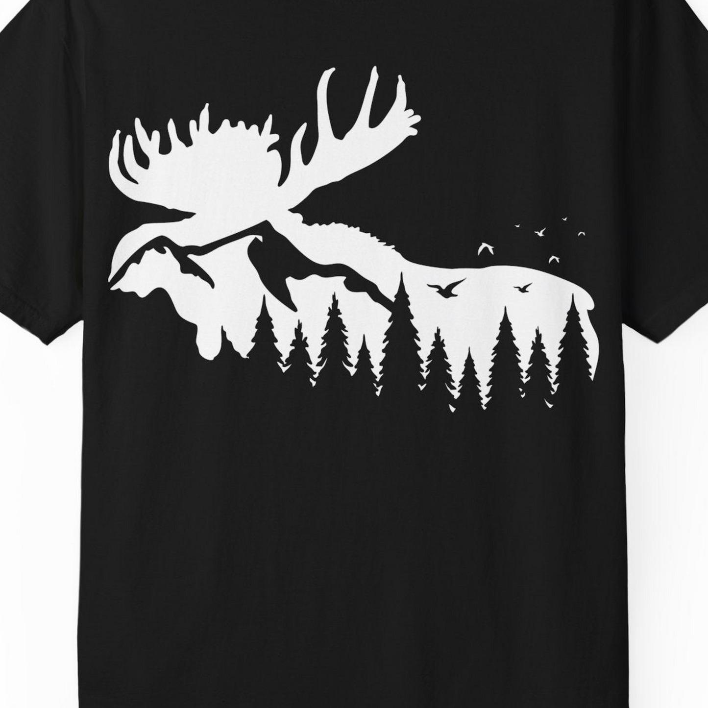 Moose Silhouette Forest Scene Shirt Comfort Colors T-Shirt – Black – Alaska Cruise Shirts Close Up