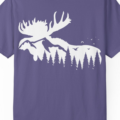 Moose Silhouette Forest Scene Shirt Comfort Colors T-Shirt – Grape – Alaska Cruise Shirts Close Up