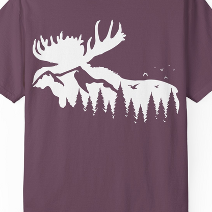 Moose Silhouette Forest Scene Shirt Comfort Colors T-Shirt – Berry – Alaska Cruise Shirts Close Up