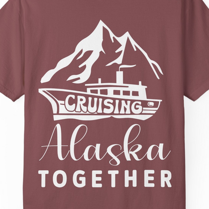 Cruising Alaska Together Mountains and Ship Family Cruise Shirt — Comfort Comfort Colors T-Shirt – Brick – Alaska Cruise Shirts Close Up