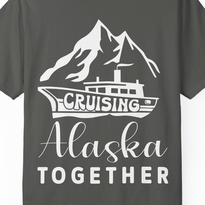 Cruising Alaska Together Mountains and Ship Family Cruise Shirt — Comfort Comfort Colors T-Shirt – Pepper – Alaska Cruise Shirts Close Up