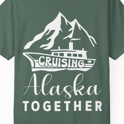 Cruising Alaska Together Mountains and Ship Family Cruise Shirt — Comfort Comfort Colors T-Shirt – Blue Spruce – Alaska Cruise Shirts Close Up