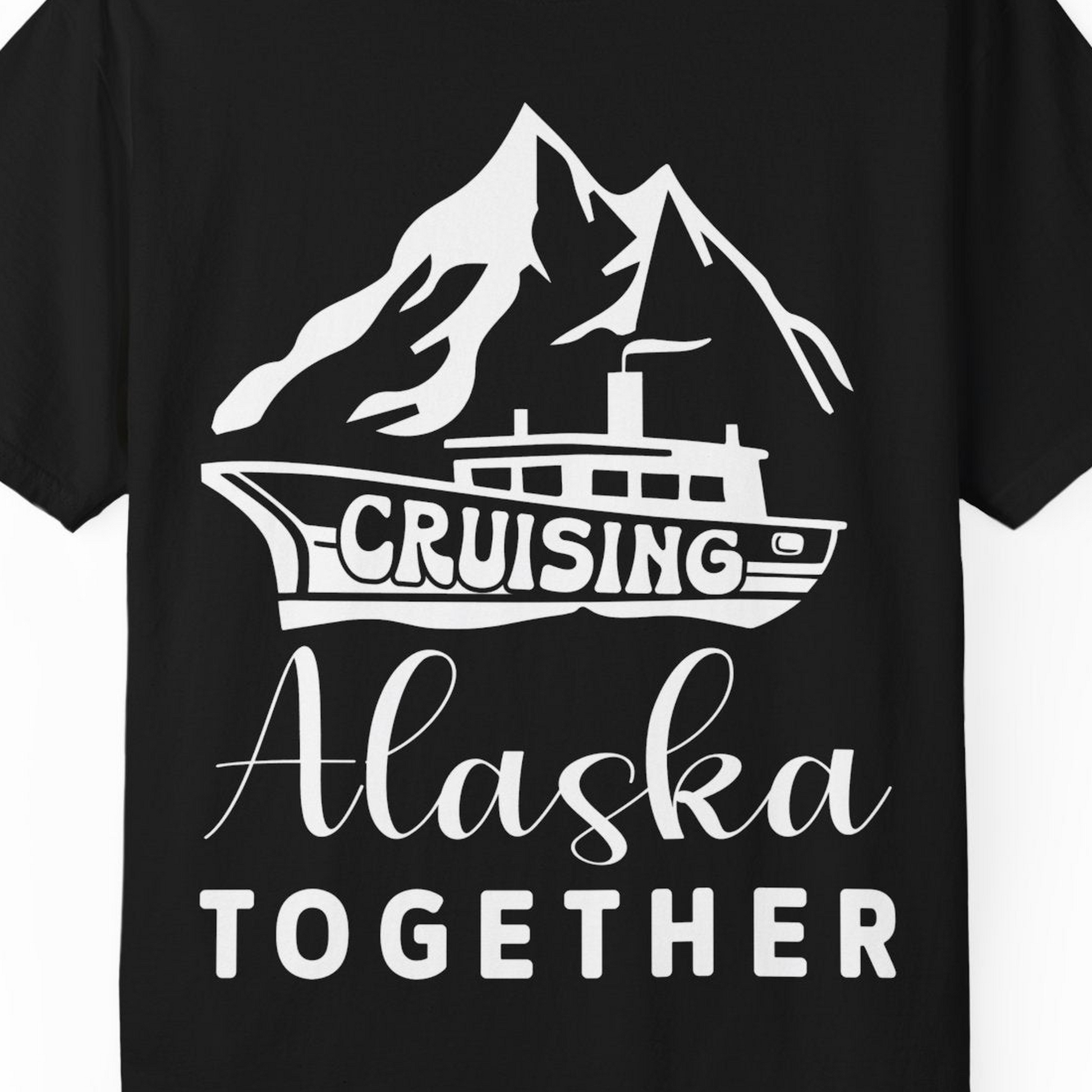 Cruising Alaska Together Mountains and Ship Family Cruise Shirt — Comfort Comfort Colors T-Shirt – Black – Alaska Cruise Shirts Close Up