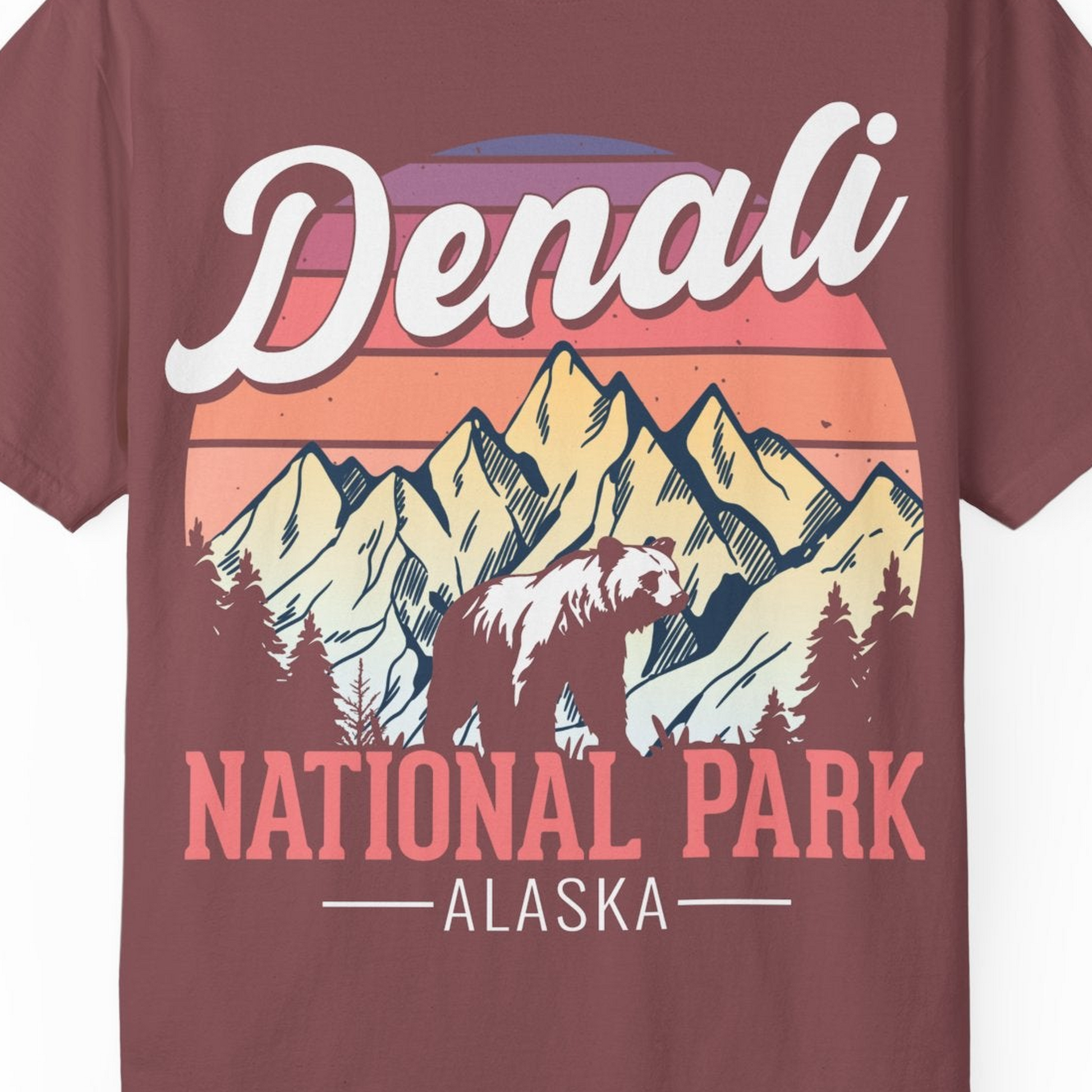 Retro Denali National Park Alaska Bear Mountains Vintage Shirt — Comfort Comfort Colors T-Shirt – Brick – Alaska Cruise Shirts Close Up