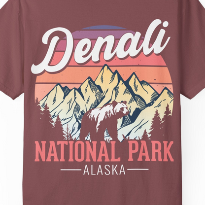 Retro Denali National Park Alaska Bear Mountains Vintage Shirt — Comfort Comfort Colors T-Shirt – Brick – Alaska Cruise Shirts Close Up