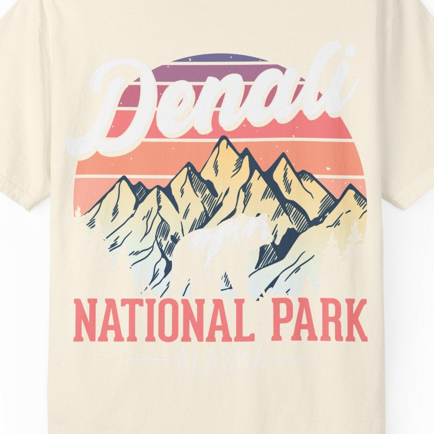 Retro Denali National Park Alaska Bear Mountains Vintage Shirt — Comfort Comfort Colors T-Shirt – Ivory – Alaska Cruise Shirts Close Up