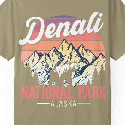 Retro Denali National Park Alaska Bear Mountains Vintage Shirt — Comfort Comfort Colors T-Shirt – Khaki – Alaska Cruise Shirts Close Up