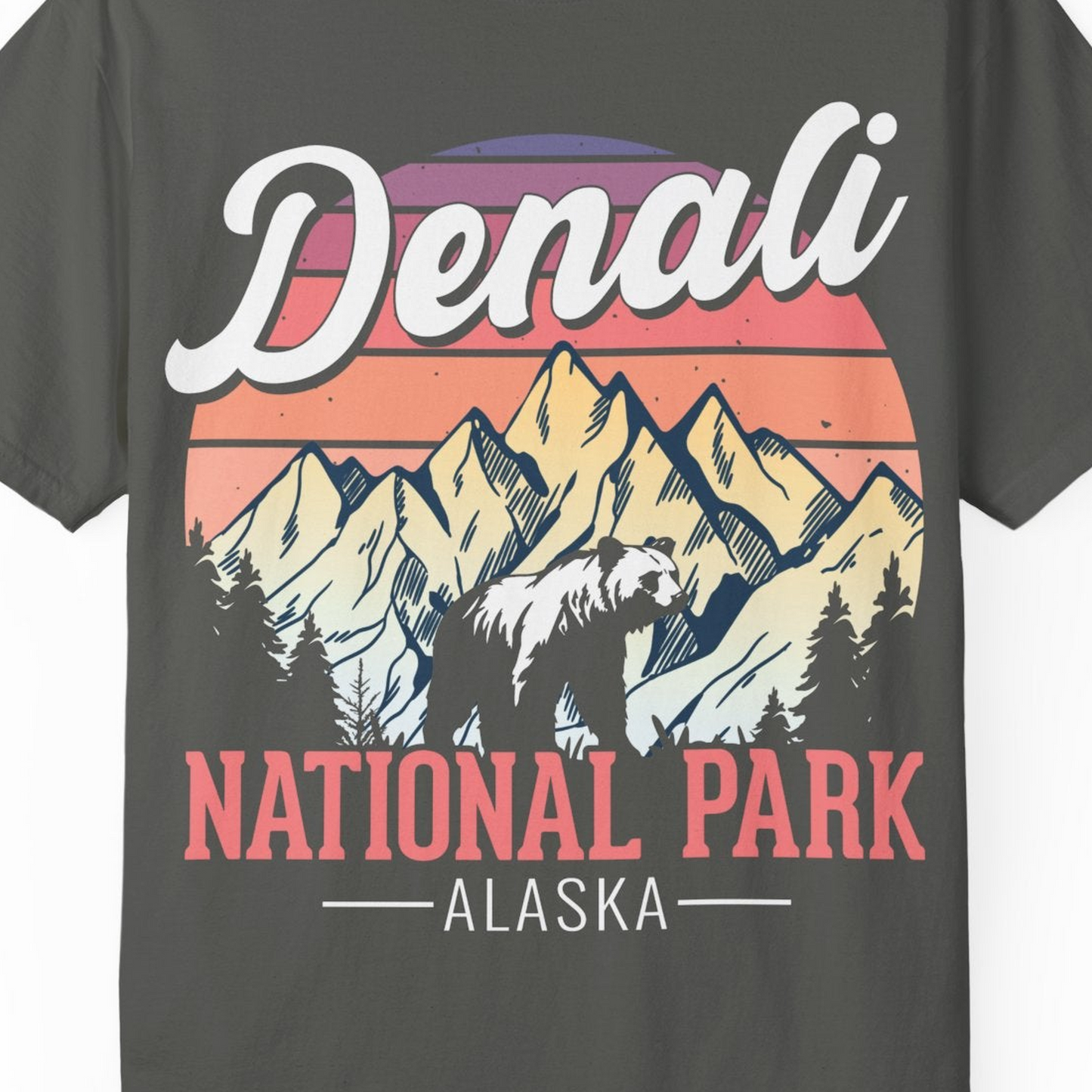 Retro Denali National Park Alaska Bear Mountains Vintage Shirt — Comfort Comfort Colors T-Shirt – Pepper – Alaska Cruise Shirts Close Up