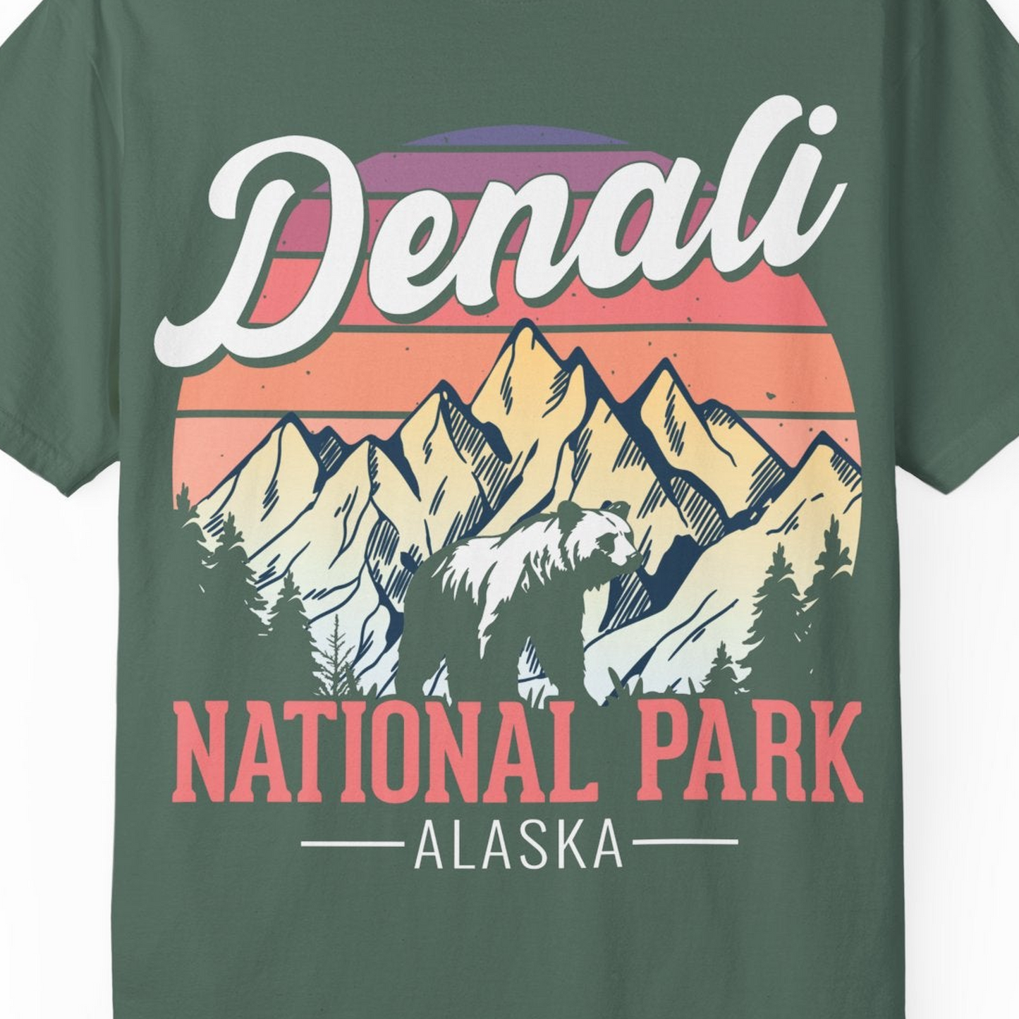 Retro Denali National Park Alaska Bear Mountains Vintage Shirt — Comfort Comfort Colors T-Shirt – Blue Spruce – Alaska Cruise Shirts Close Up