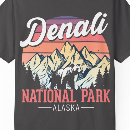 Retro Denali National Park Alaska Bear Mountains Vintage Shirt — Comfort Comfort Colors T-Shirt – Graphite – Alaska Cruise Shirts Close Up