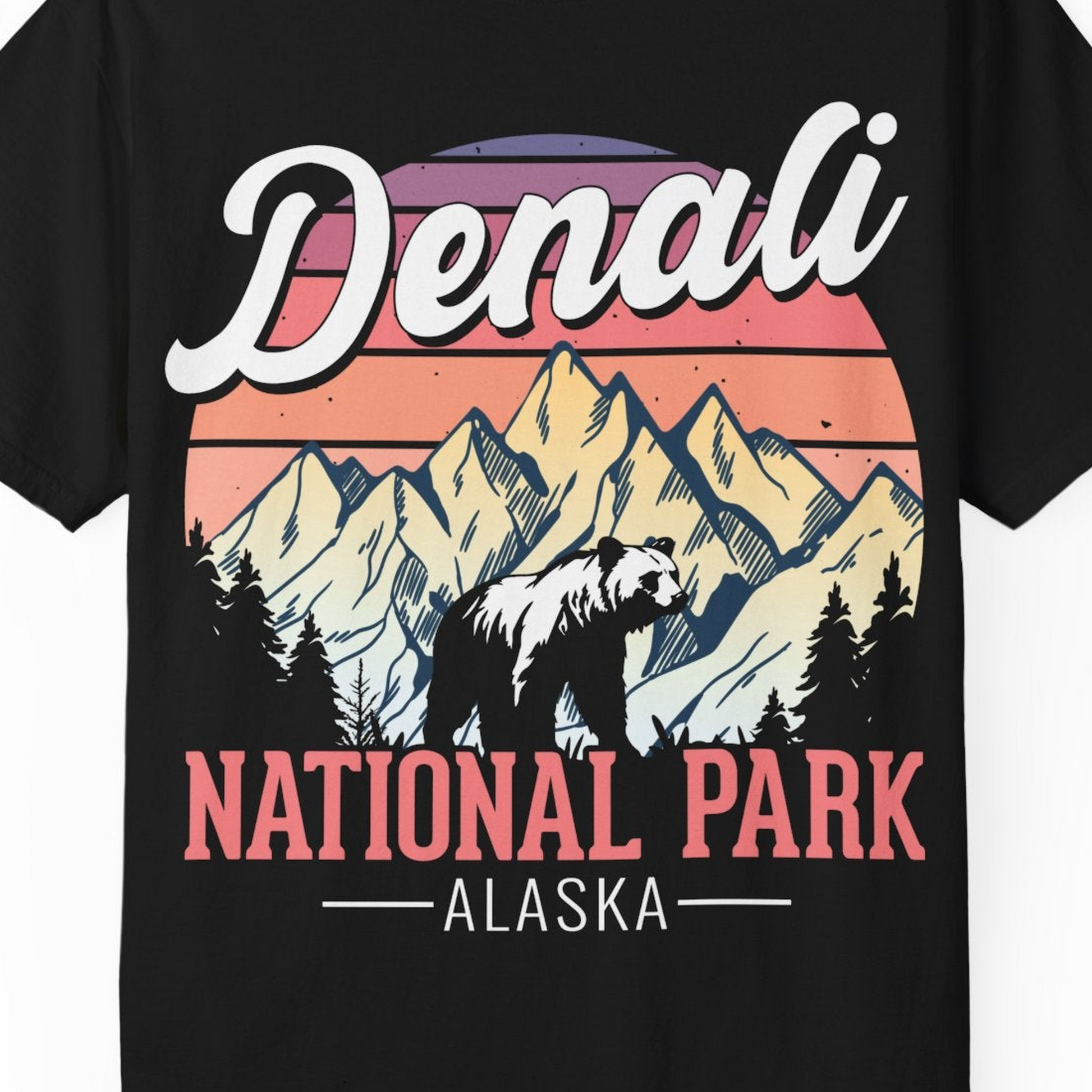 Retro Denali National Park Alaska Bear Mountains Vintage Shirt — Comfort Comfort Colors T-Shirt – Black – Alaska Cruise Shirts Close Up