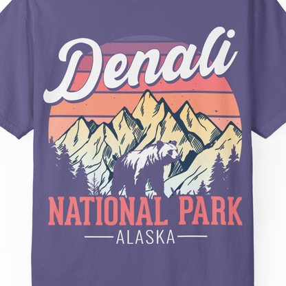 Retro Denali National Park Alaska Bear Mountains Vintage Shirt — Comfort Comfort Colors T-Shirt – Grape – Alaska Cruise Shirts Close Up
