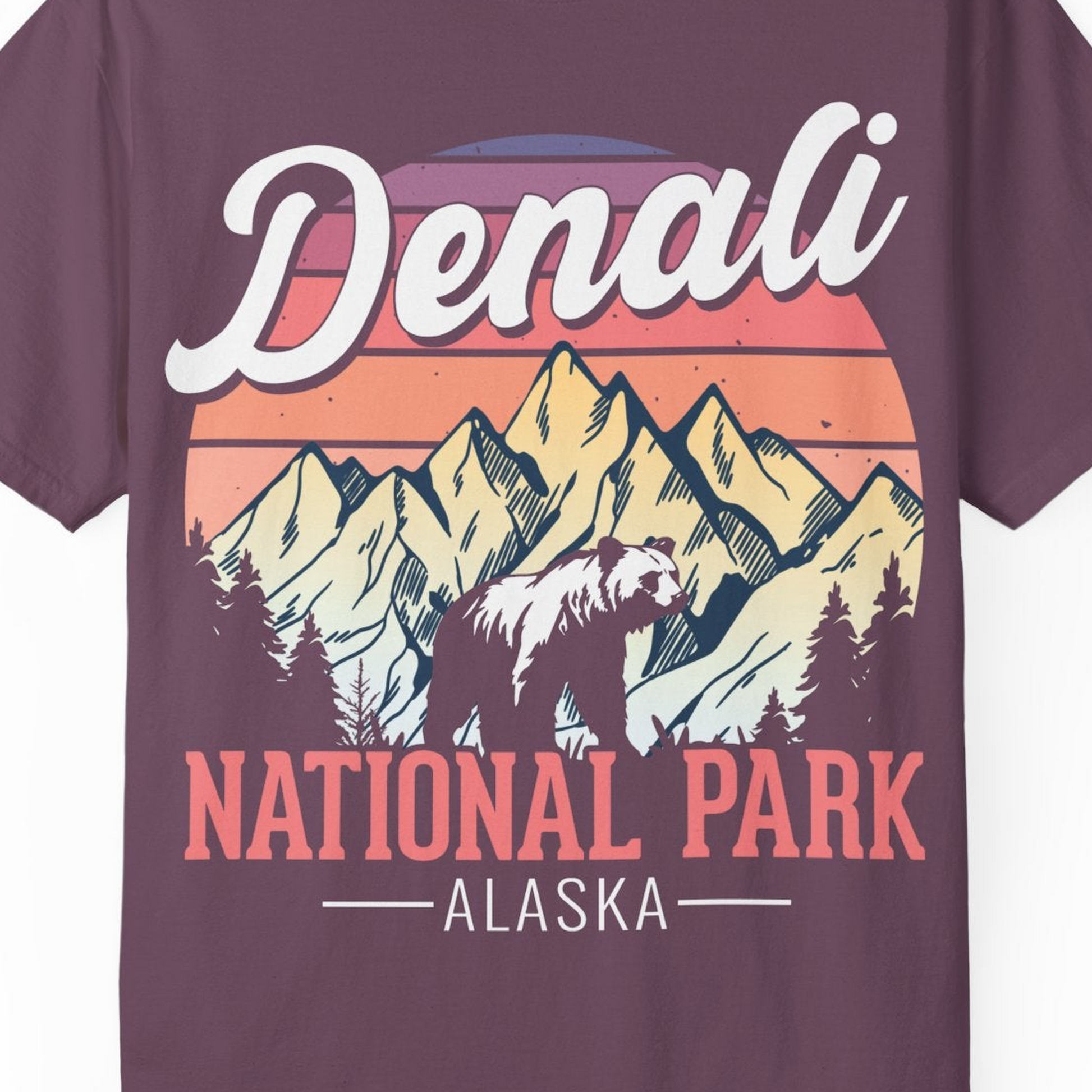 Retro Denali National Park Alaska Bear Mountains Vintage Shirt — Comfort Comfort Colors T-Shirt – Berry – Alaska Cruise Shirts Close Up