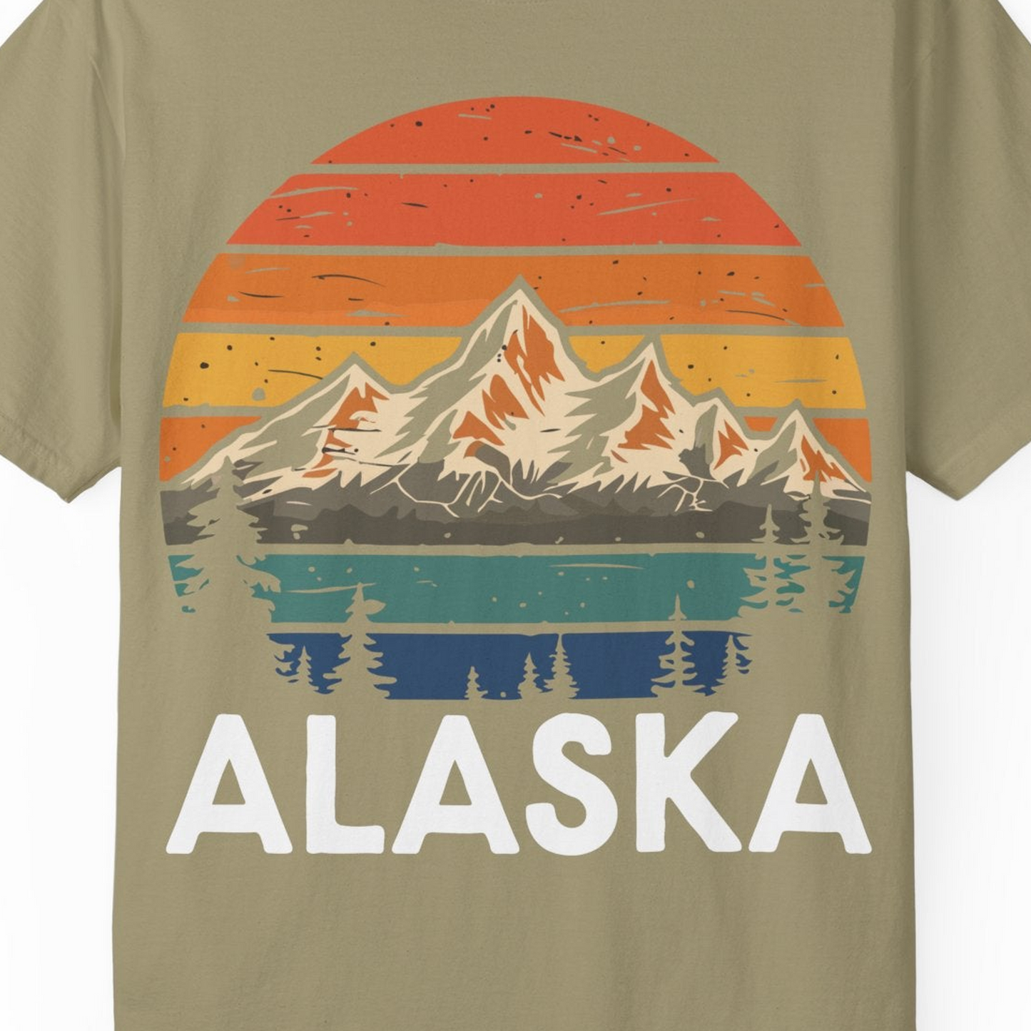 Retro Alaska Mountain Scenery Shirt Comfort Colors T-Shirt – Khaki – Alaska Cruise Shirts Close Up