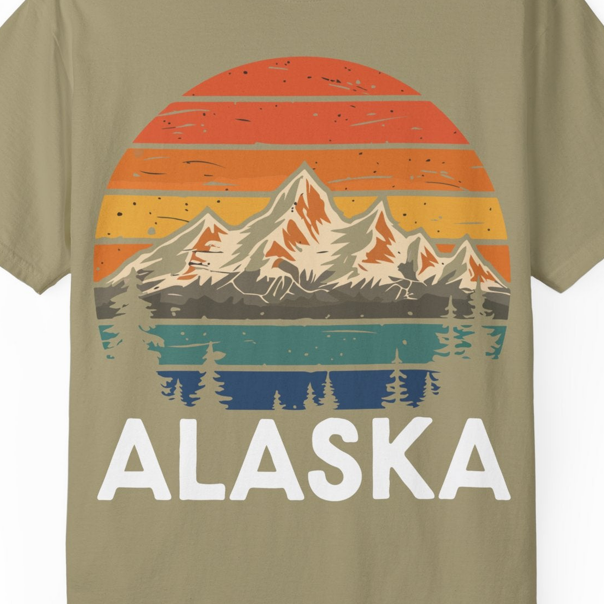 Retro Alaska Mountain Scenery Shirt Comfort Colors T-Shirt – Khaki – Alaska Cruise Shirts Close Up