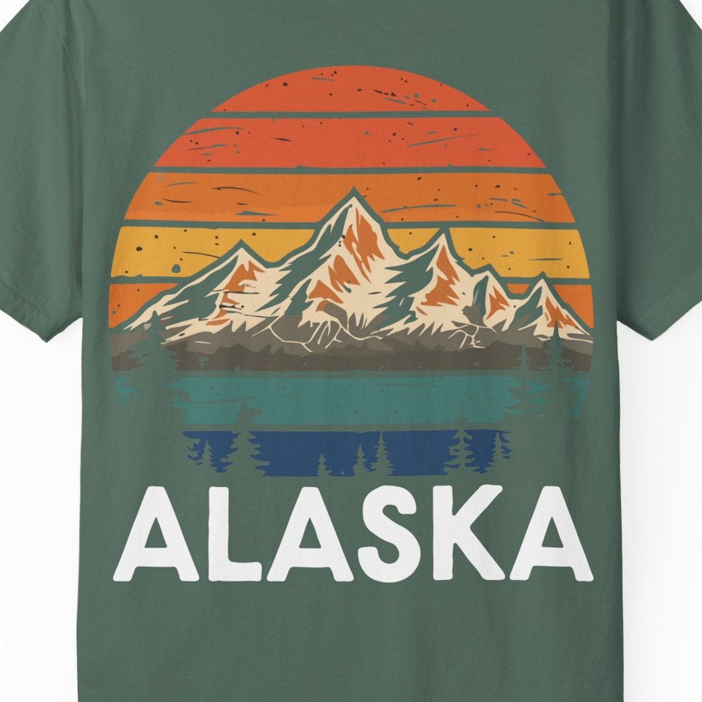Retro Alaska Mountain Scenery Shirt Comfort Colors T-Shirt – Blue Spruce – Alaska Cruise Shirts Close Up